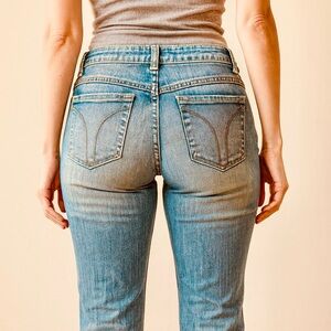 H&M Divided Low Waist Boot Cut Blue Jeans w/ Bright Green Stitching Embellishmen